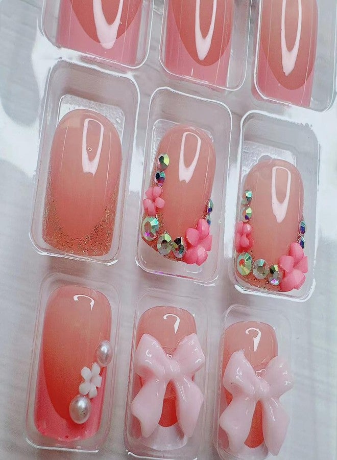 BSBTBZ 24pcs French Tip Press-On Nails - Short, Charms, Bow, Flower Design, Pink, Cute, Square Shape, Acrylic, Rhinestones - Image 4